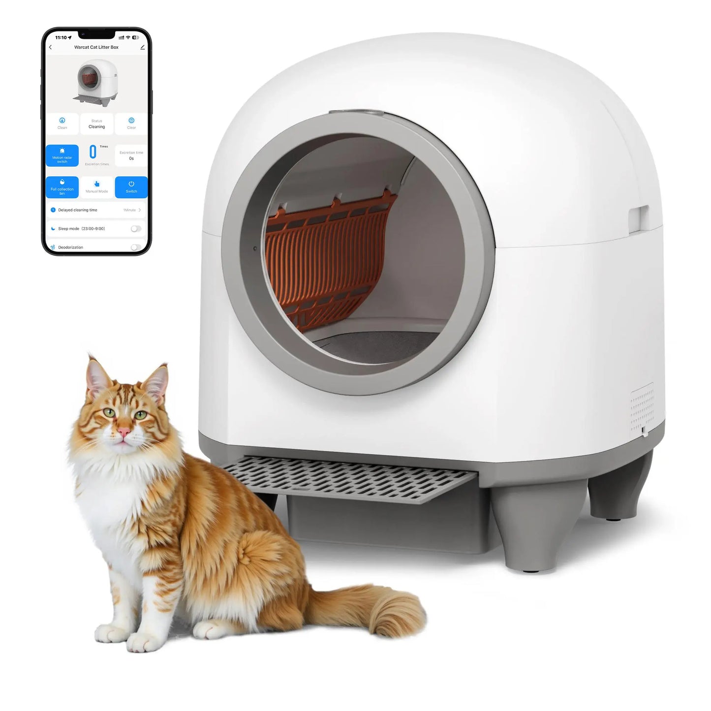 Warcat Smart Low-Noise Auto-Cleaning Litter Box 90L - App-Controlled Self-Cleaning Cat Litter Box with Smart Sensors and Safety Features for Easy Maintenance and Setup