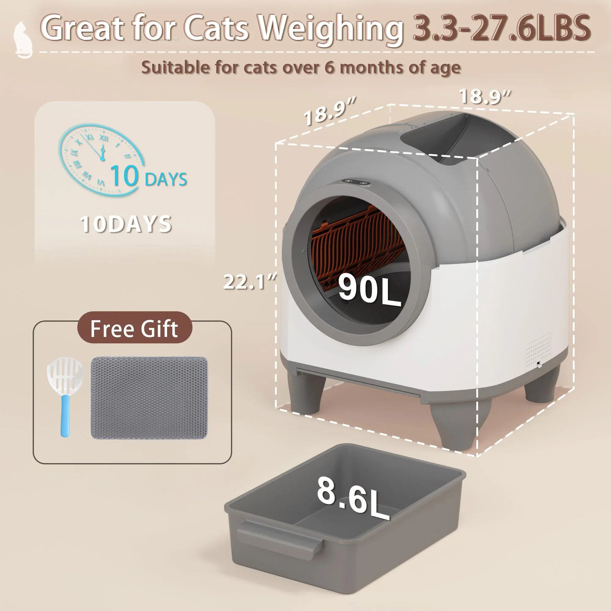 Warcat Smart Low-Noise Auto-Cleaning Litter Box 90L - App-Controlled Self-Cleaning Cat Litter Box with Smart Sensors and Safety Features for Easy Maintenance and Setup
