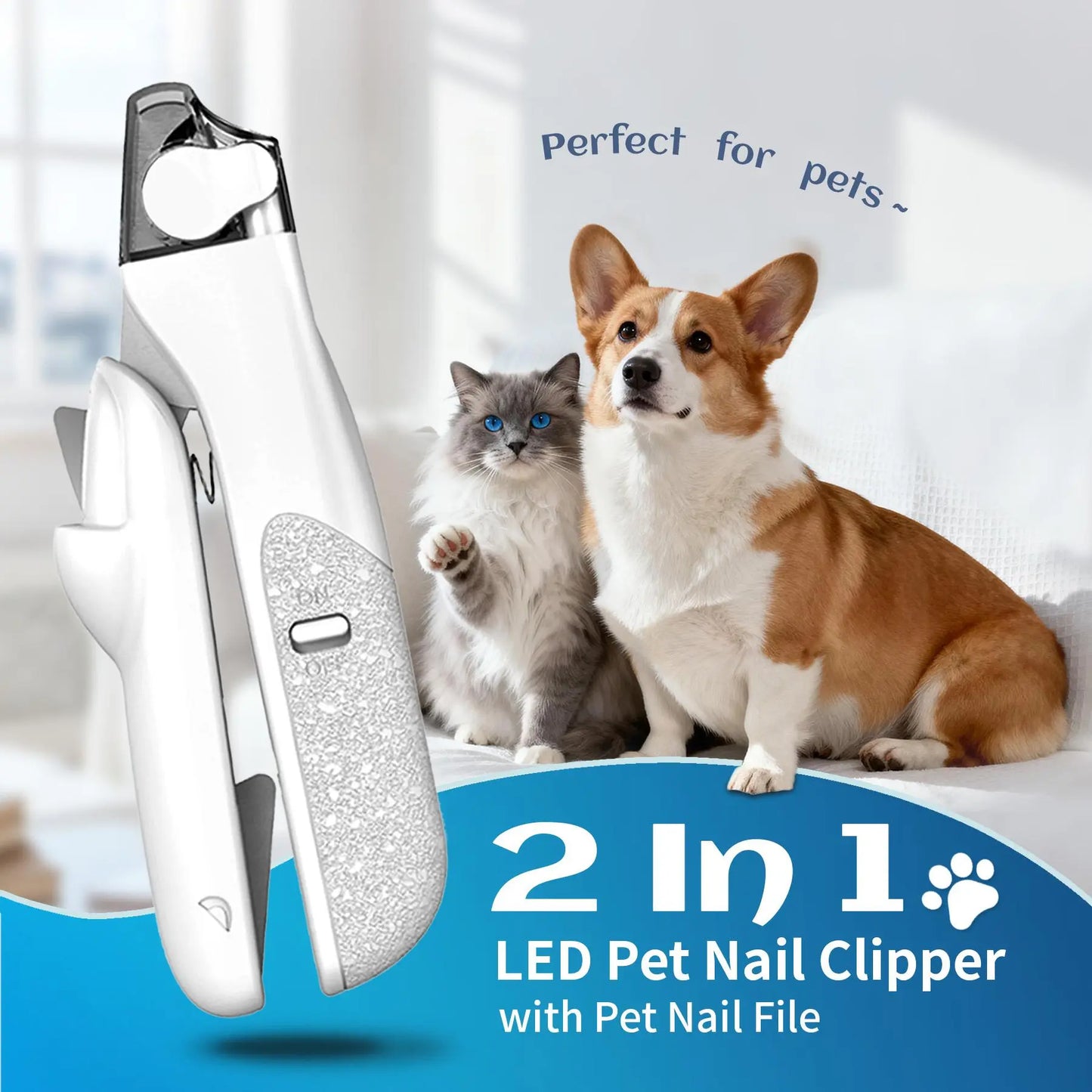 2-in-1 Pet Nail Clipper with LED Light for Enhanced Visibility, Precision Cat and Dog Nail Trimmer for Safe Grooming