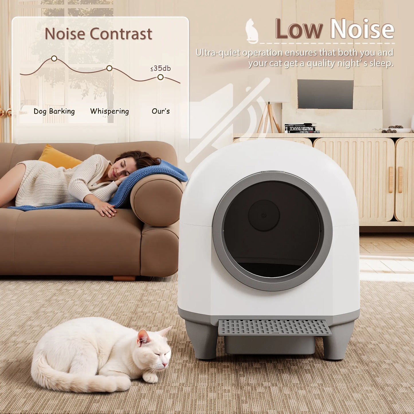 Warcat Smart Low-Noise Auto-Cleaning Litter Box 90L - App-Controlled Self-Cleaning Cat Litter Box with Smart Sensors and Safety Features for Easy Maintenance and Setup