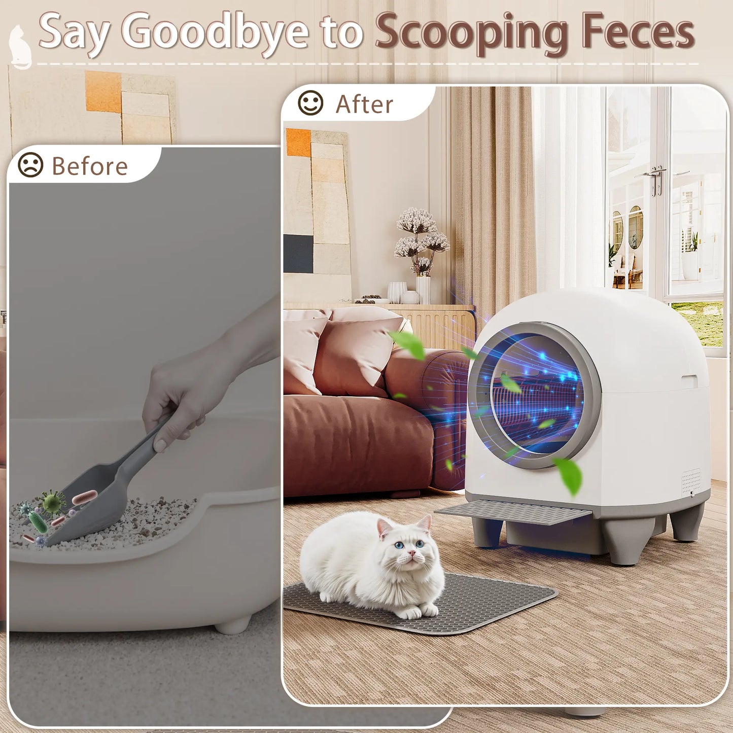 Warcat Smart Low-Noise Auto-Cleaning Litter Box 90L - App-Controlled Self-Cleaning Cat Litter Box with Smart Sensors and Safety Features for Easy Maintenance and Setup