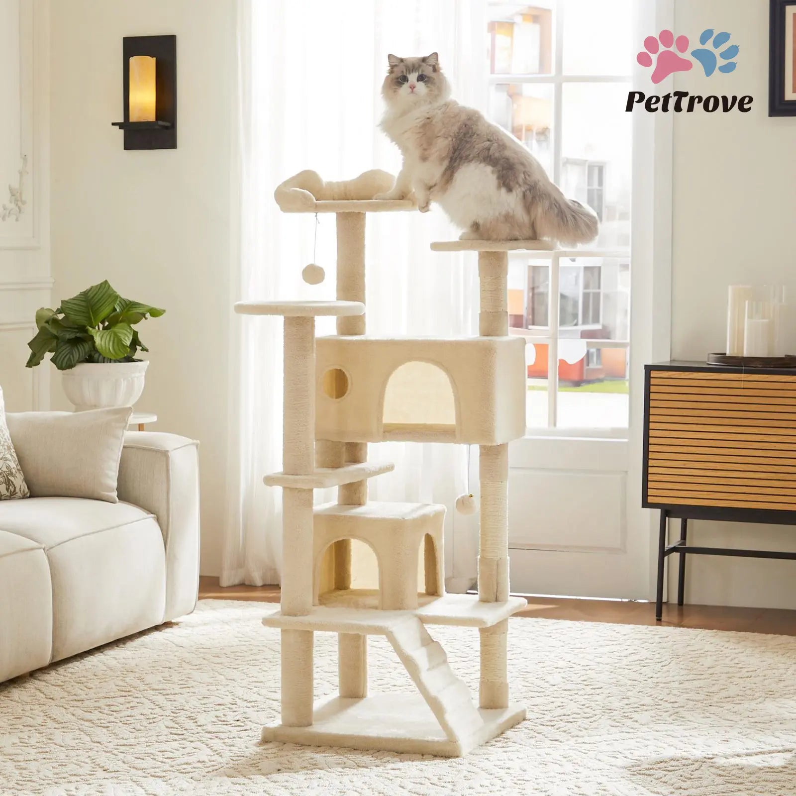 Pettrove Multi-Level Cat Tree Tower for Indoor Cats with Stable Design, Sisal Scratching Post, Spacious Condo, Climbing Ladder, and Plush Toy